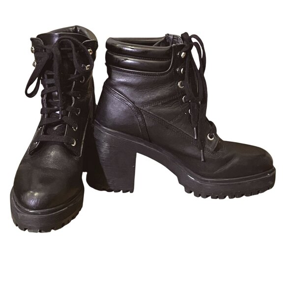 Zara cool black platform stack-heeled lace-up ankle boots/booties, 39 - Picture 1 of 5